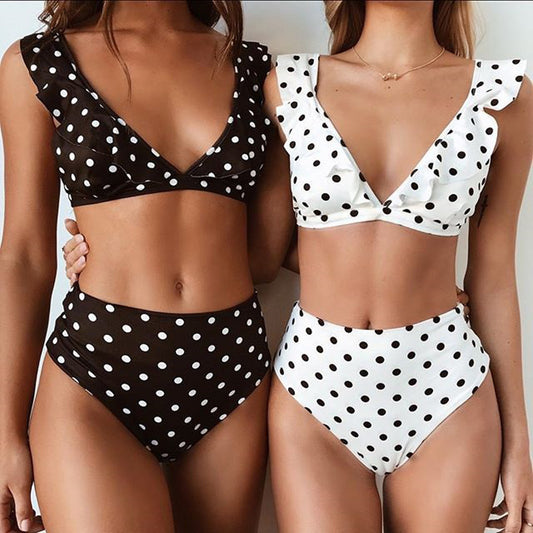 2pcs Black And White Polka Dot Print Swimsuit Sexy Ruffled Deep V-neck Bikini Set Summer Beach Womens Clothing