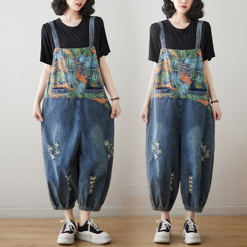 Loose Plus Size Stitching Printing Jeans Suspender Pants