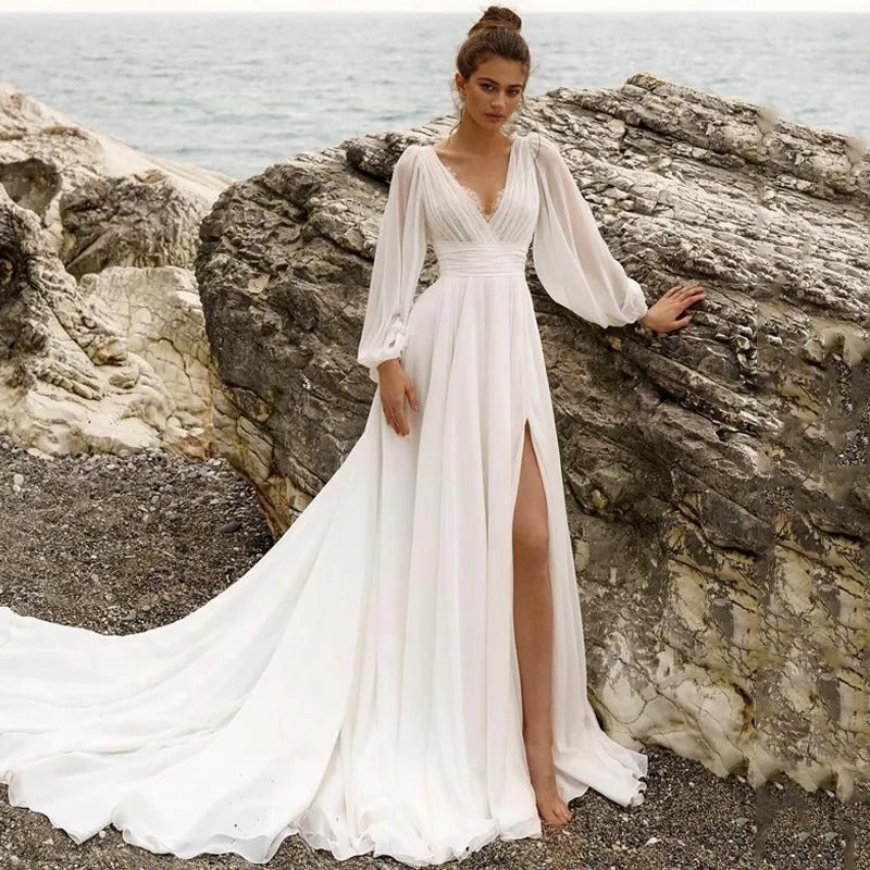 Beach Boho Wedding Dress Puff Sleeve V Neck Bridal Gown