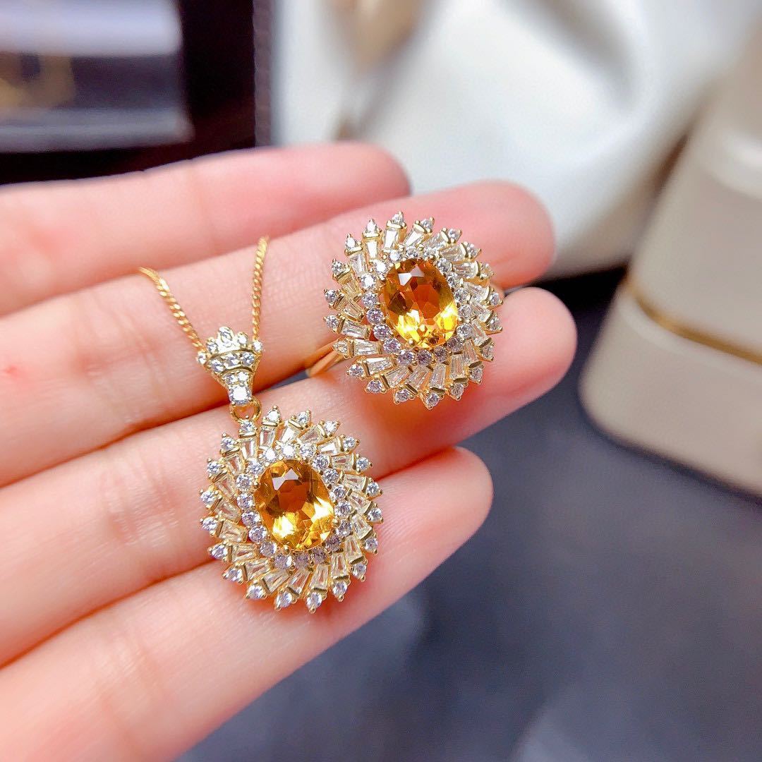 Fashion Silver Inlay Citrine Suit Female Ring Pendant