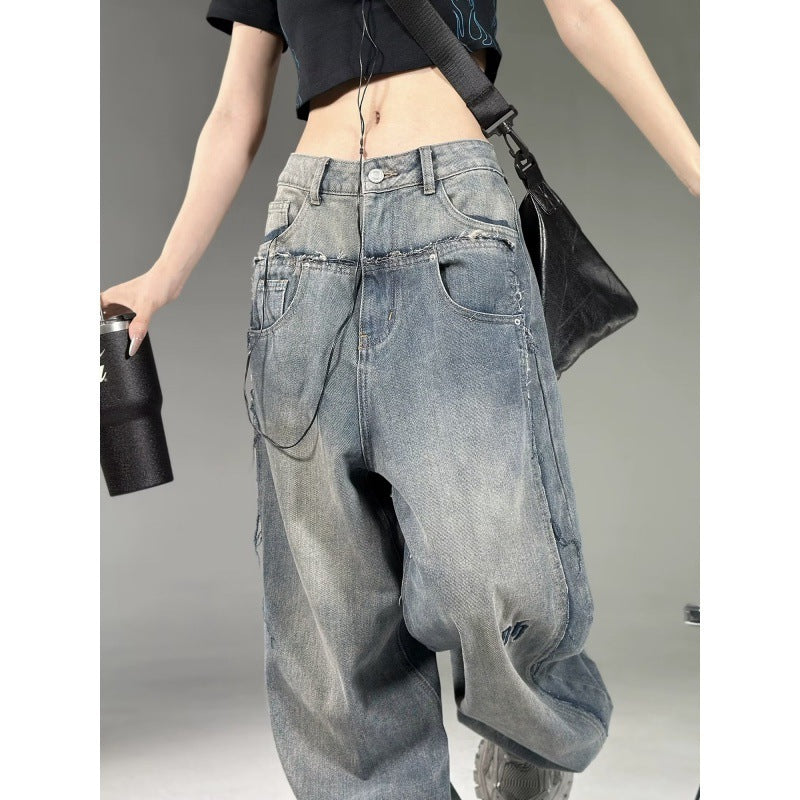 High Street Special-interest Design Wide Leg Washed Jeans