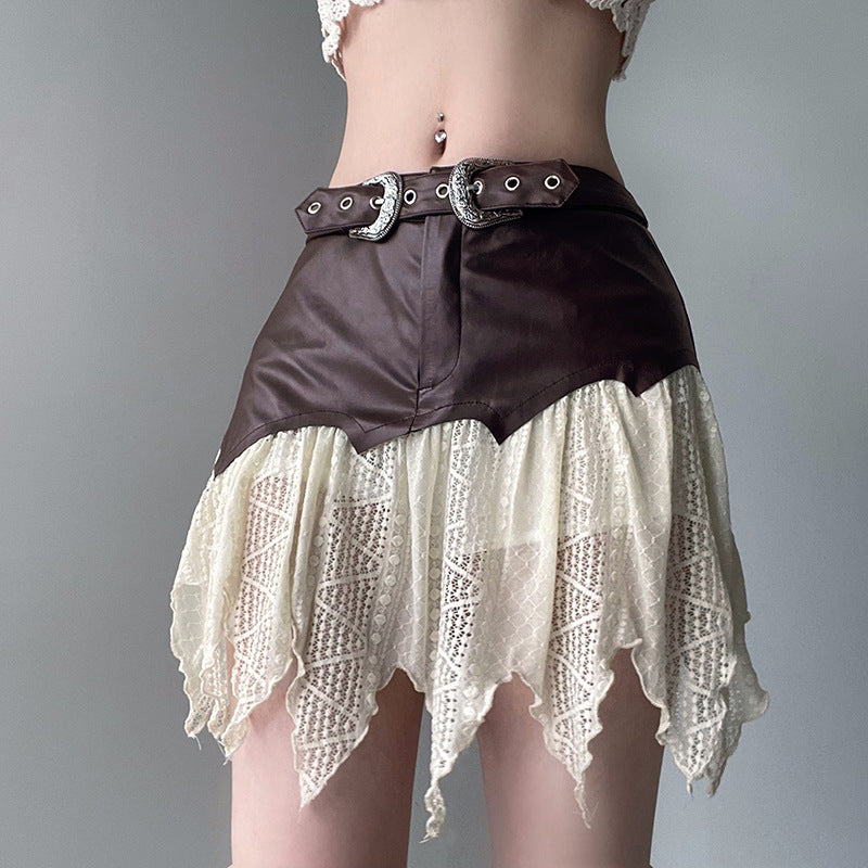 One-piece Leather Stitching Irregular Lace Skirt