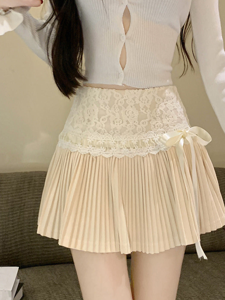 High Waist Slimming A- Line Lace Stitching Small Pleated Skirt