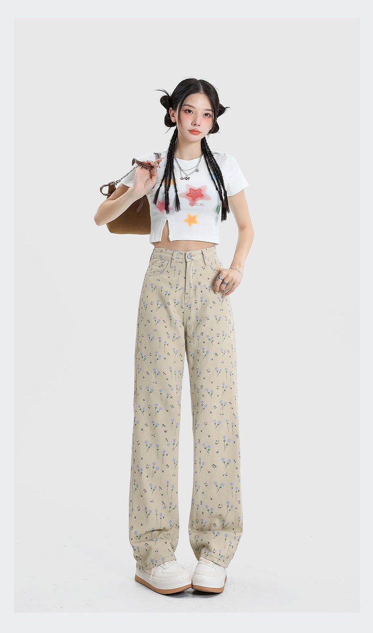 Vintage Floral High Waist Jeans Women's Wide Leg Straight Casual Pants