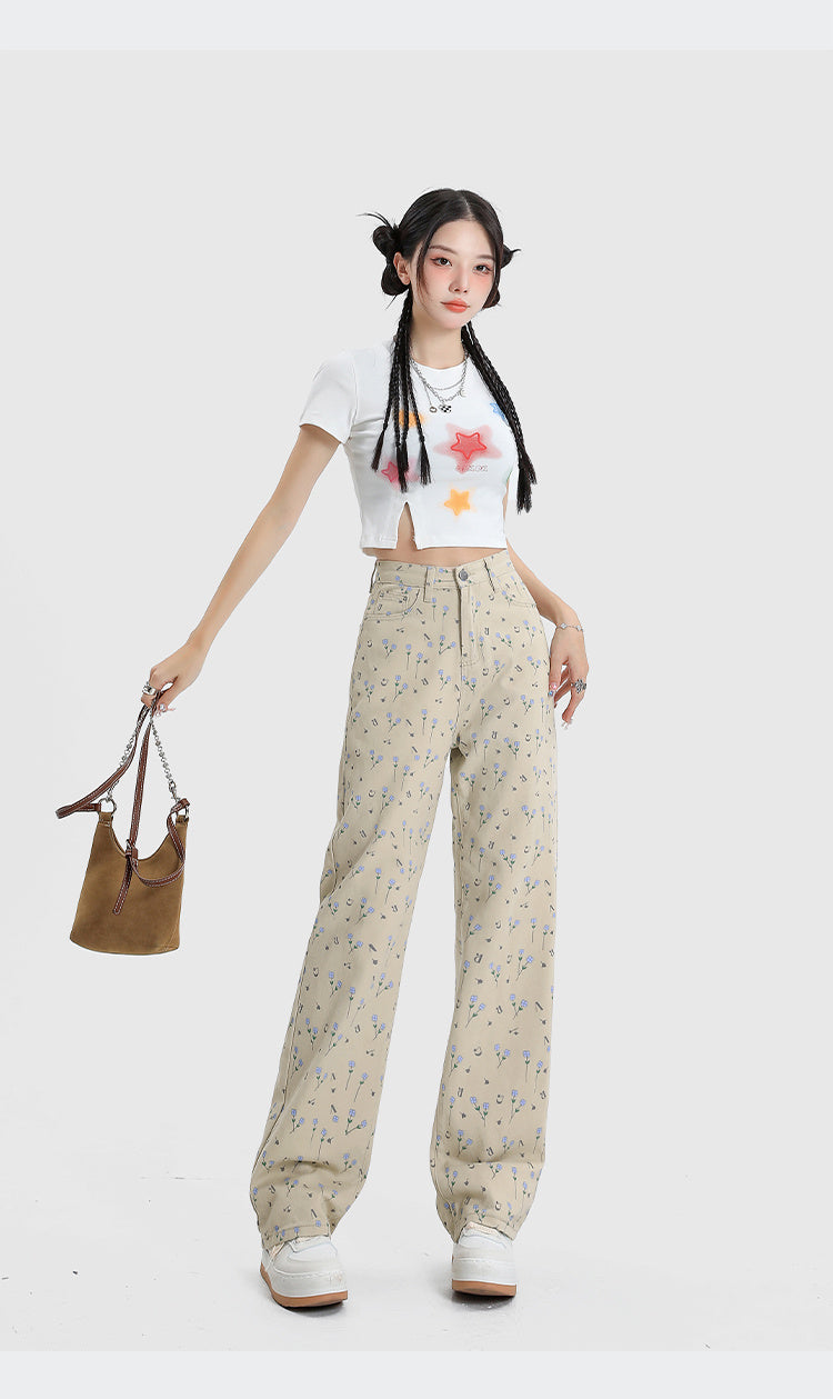 Vintage Floral High Waist Jeans Women's Wide Leg Straight Casual Pants