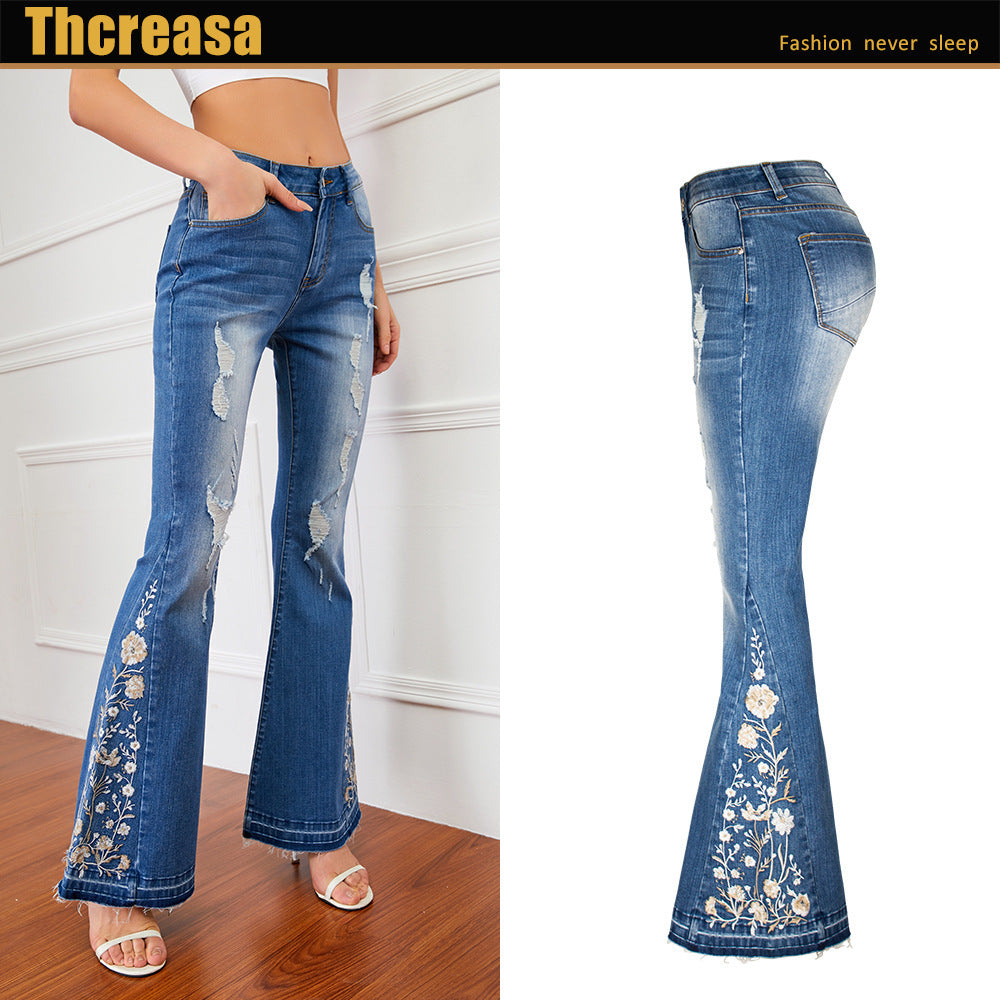 European And American Heavy Industry 3D Embroidery Women's Jeans