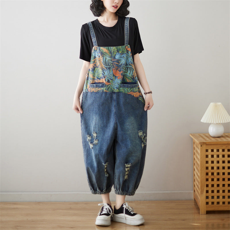 Loose Plus Size Stitching Printing Jeans Suspender Pants