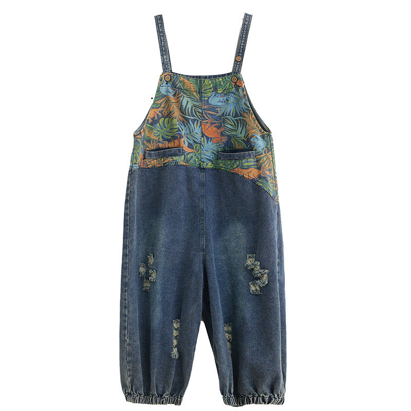 Loose Plus Size Stitching Printing Jeans Suspender Pants