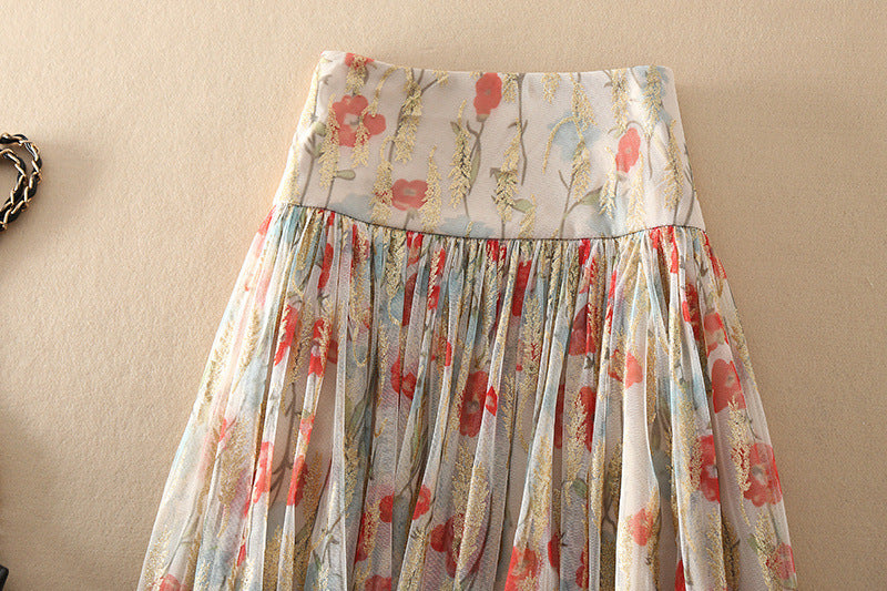 High Waist Floral Gauzy Pleated Mid-length Skirt