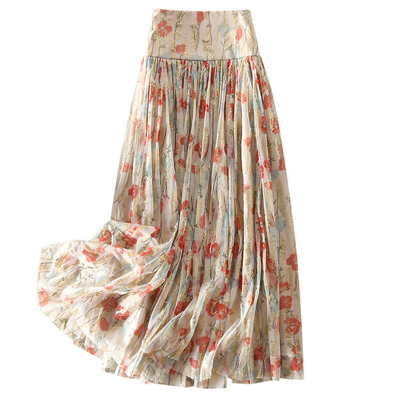 High Waist Floral Gauzy Pleated Mid-length Skirt