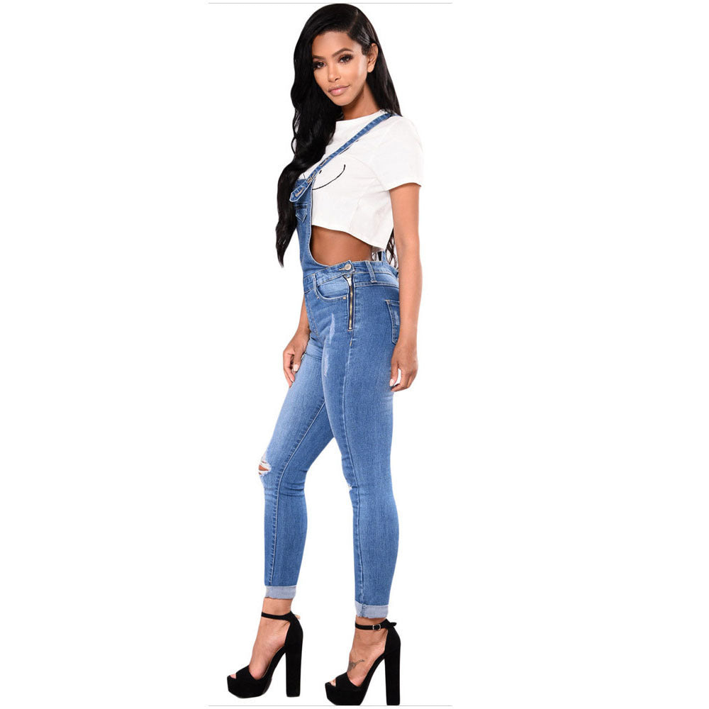 Women's Ripped Denim Suspender Pencil Pants