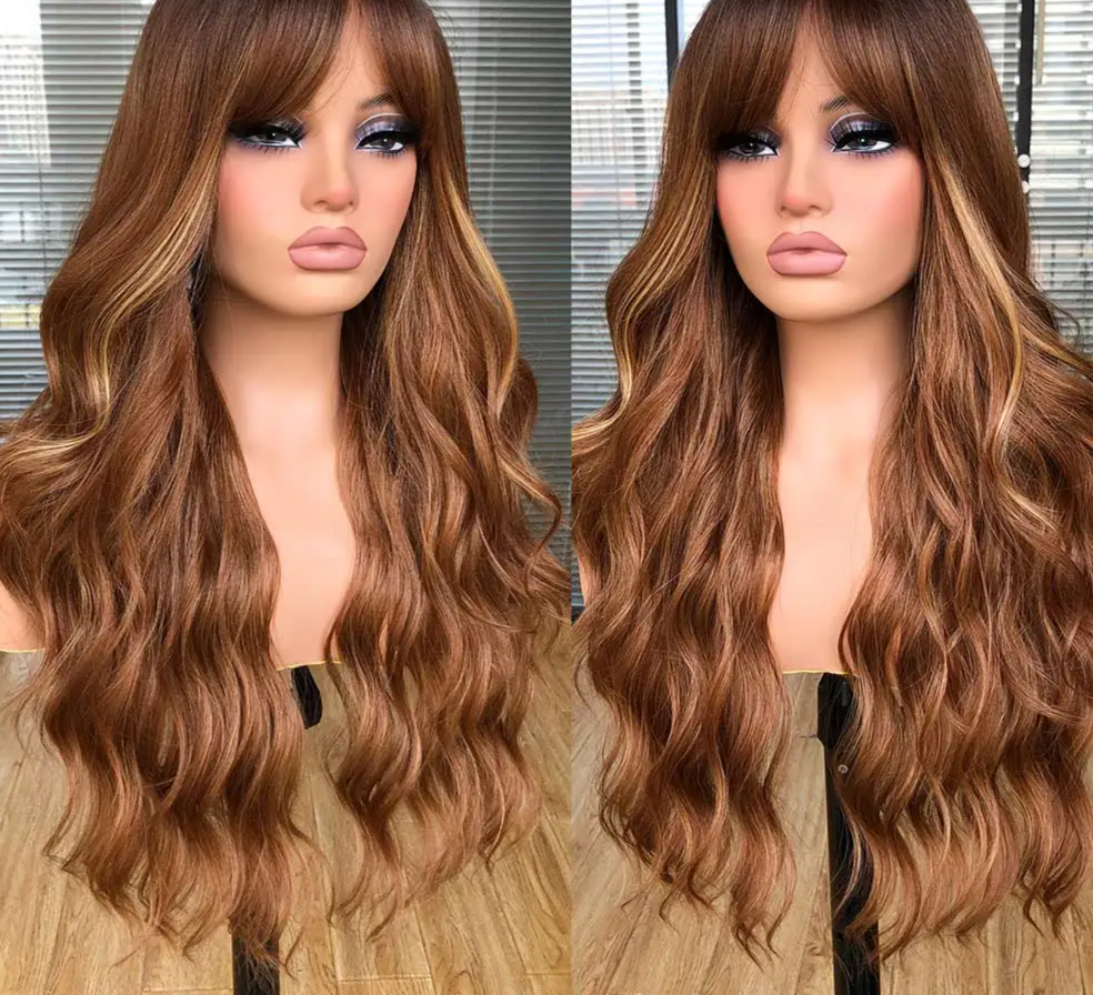 WIG
Natural Blonde Brown with Bangs Long
 Curly Wavy Synthetic Hair Wigs for Women Daily Cosplay Party Use Heat Resistant Fiber