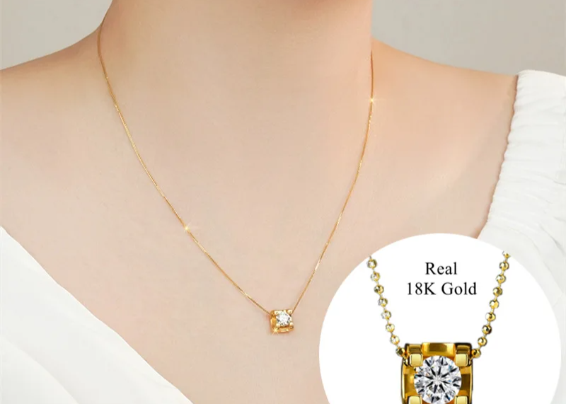 NECKLACE — Real 18K Gold Authentic AU750 Pendant Necklace Earrings Moissanite Diamond