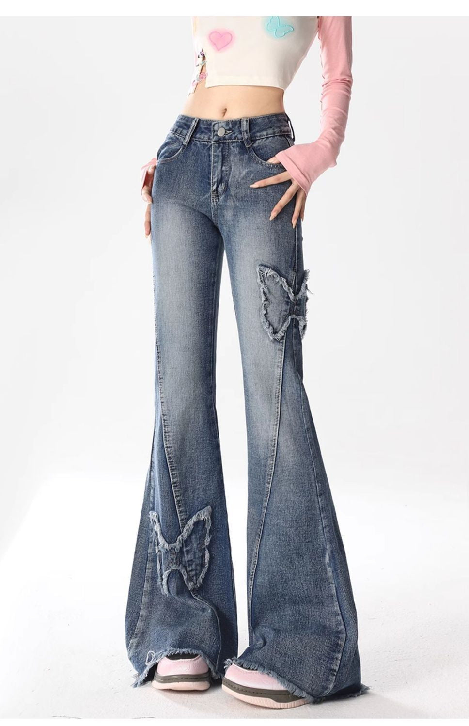 American Retro Butterfly Embroidery Slightly Flared Jeans Women