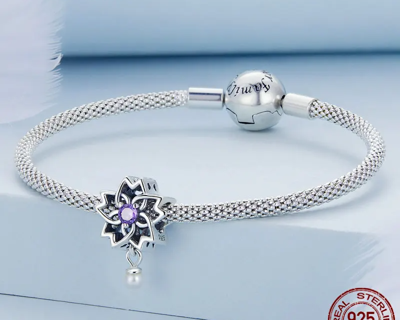 Purple Crystal Lotus
 925 Sterling Silver 
 Fit Original Bracelet Necklace