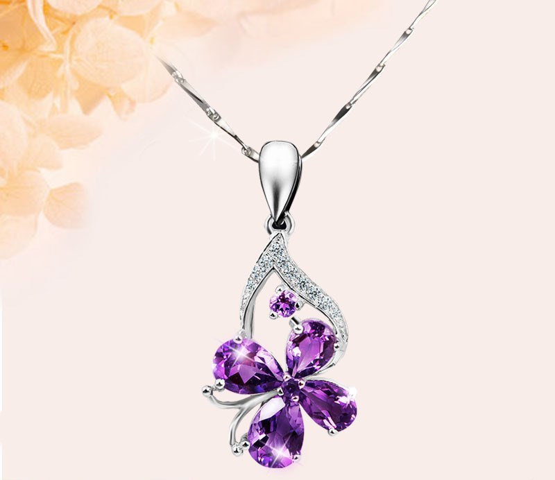 925 Sterling silver ladies purple crystal pendant necklace