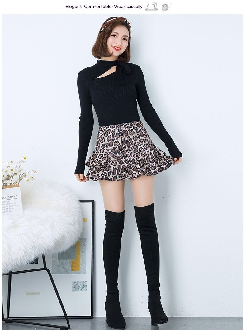 Spring Sweet Lotus Leaf Leopard Print Skirt