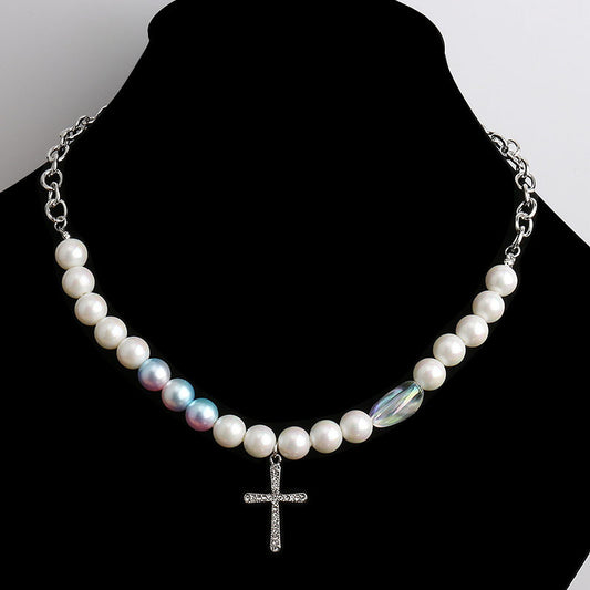 Diamond Cross Pearl Necklace