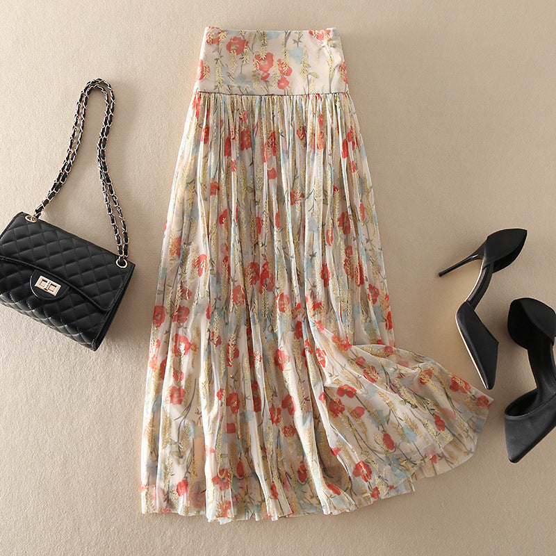 High Waist Floral Gauzy Pleated Mid-length Skirt