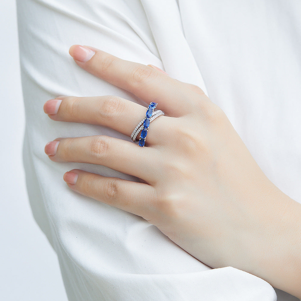 Blue Gemstone Cross Sterling Silver Ladies Ring