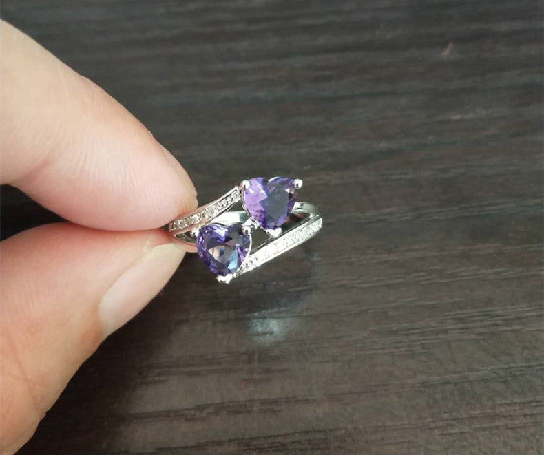 Purple double heart zircon ring