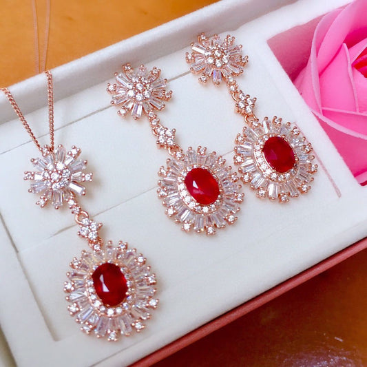 Myanmar Newly Burned Ruby Set Women's Pendant Earrings