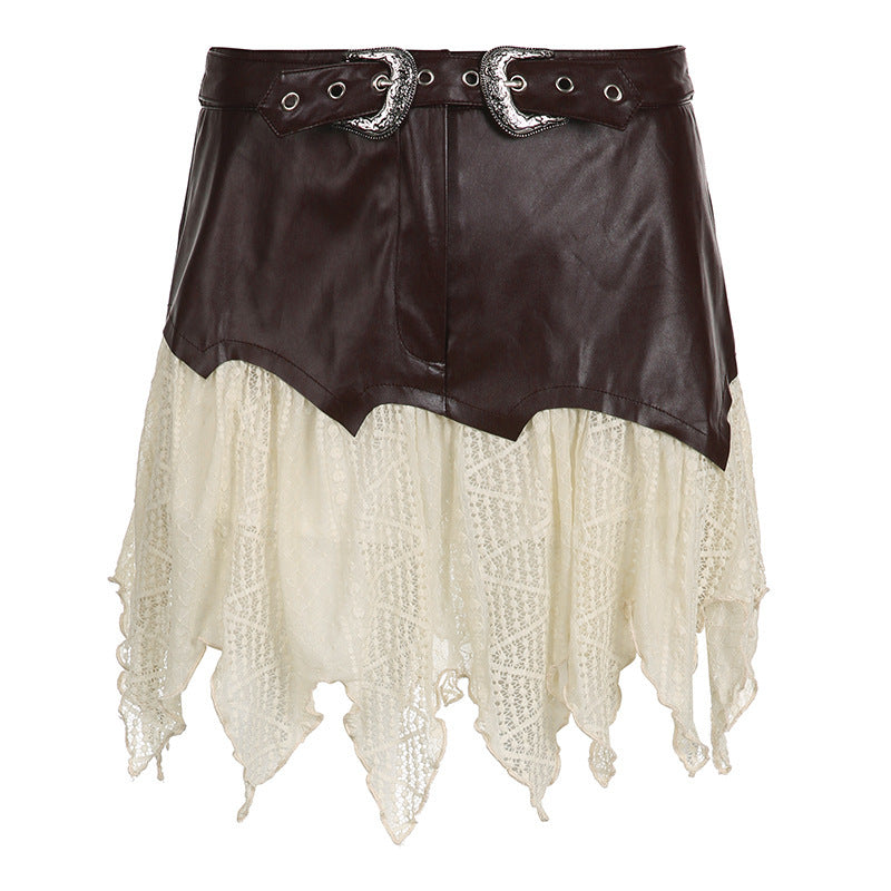 One-piece Leather Stitching Irregular Lace Skirt