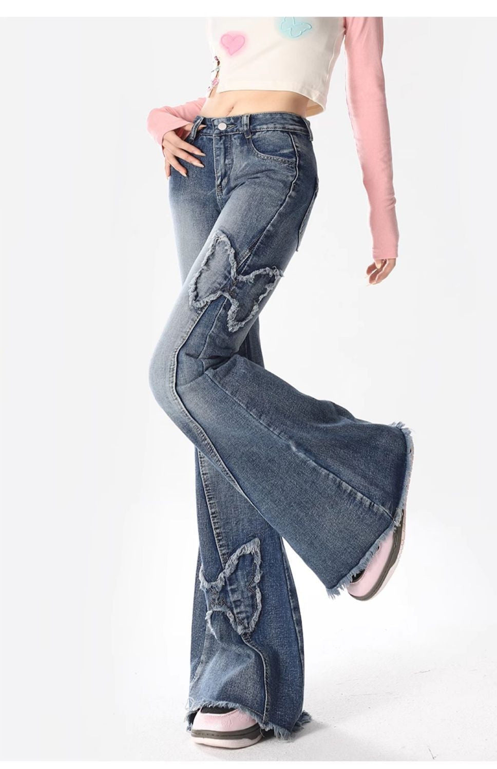 American Retro Butterfly Embroidery Slightly Flared Jeans Women