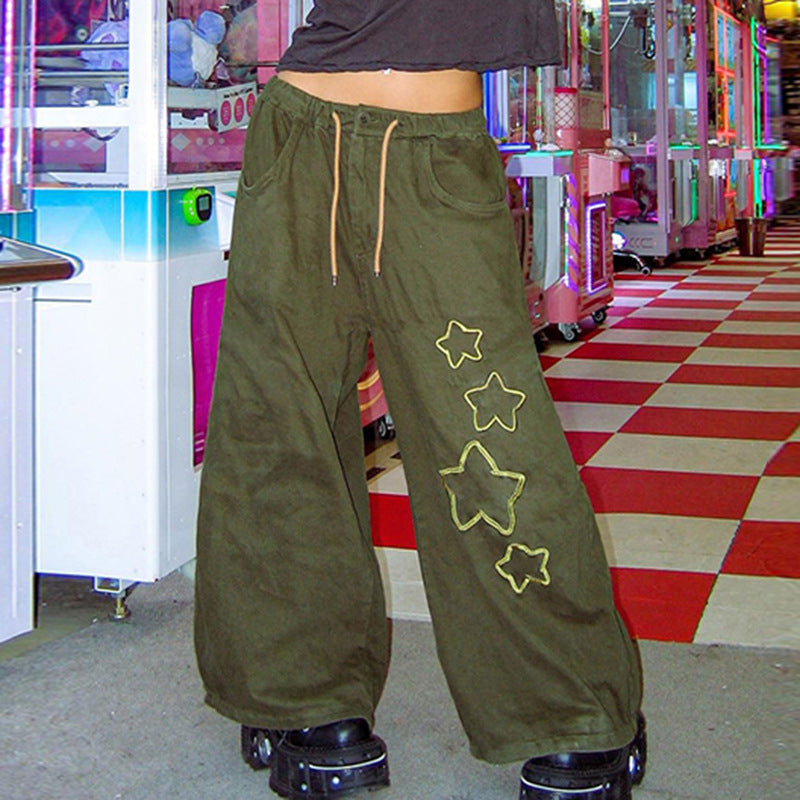 Fashion Pentagram Loose Drawstring Straight-leg Pants Retro Army Green Dance Casual Pants