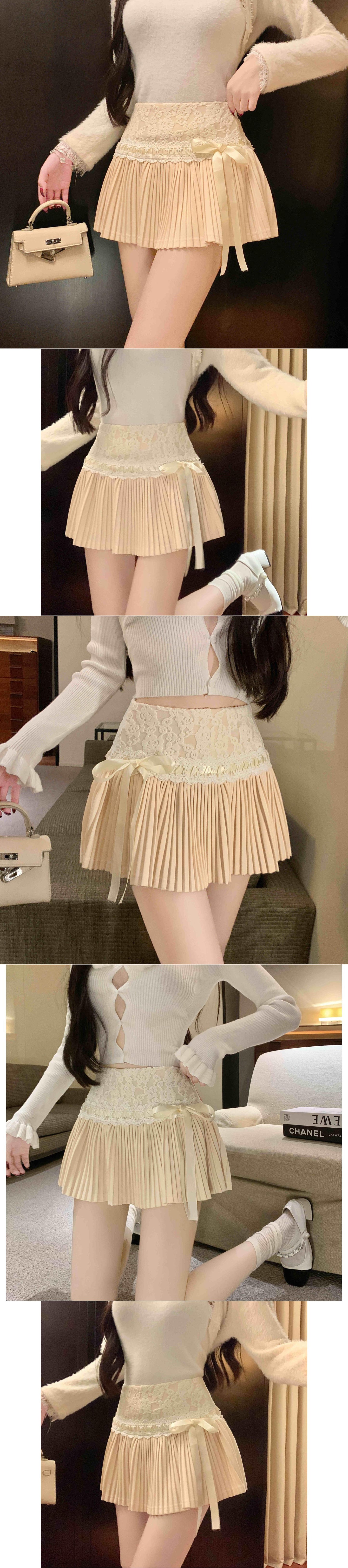 High Waist Slimming A- Line Lace Stitching Small Pleated Skirt