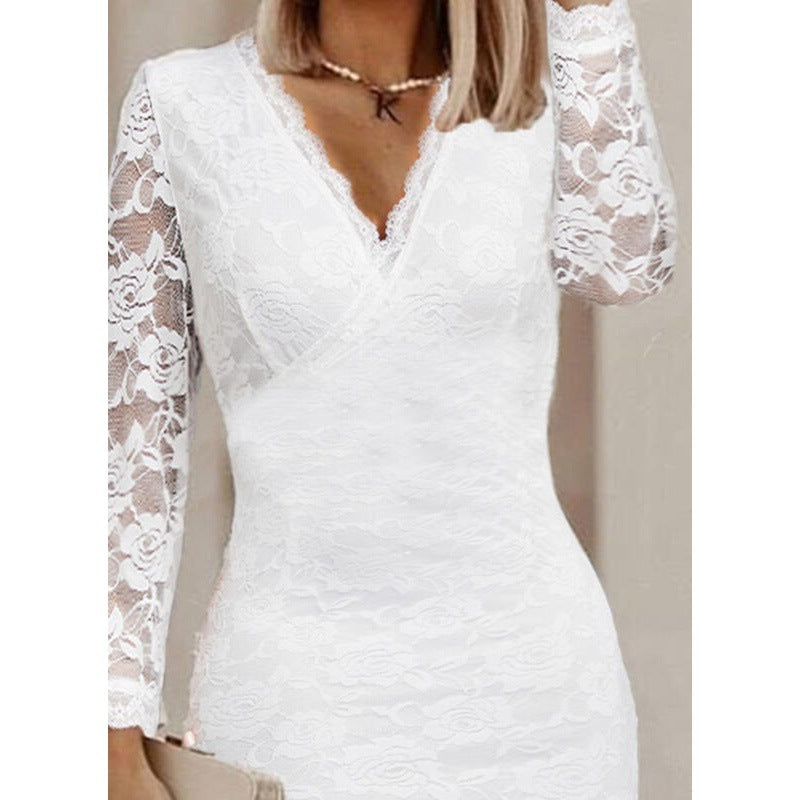 Spring And Autumn V-neck Solid Color Slim Fit Long Sleeves Lace Dress