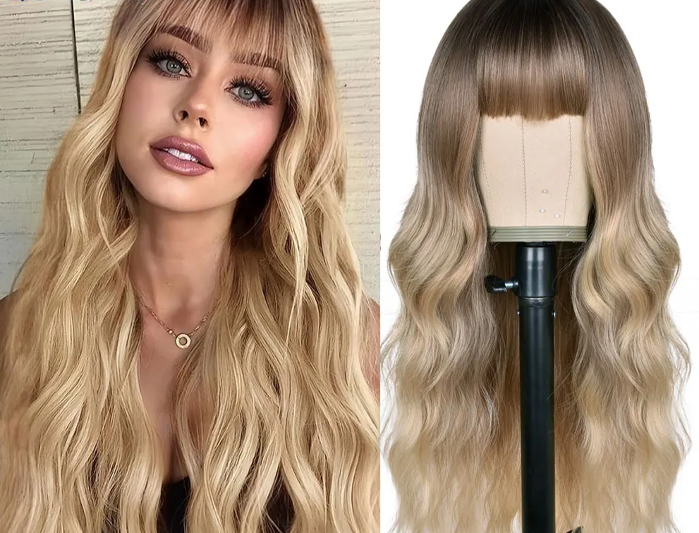 WIG
- With Bangs Long Curly Wavy Ombre Wig with Dark Roots Heat Resistant Synthetic Ombre Wigs for Women Daily Party Use