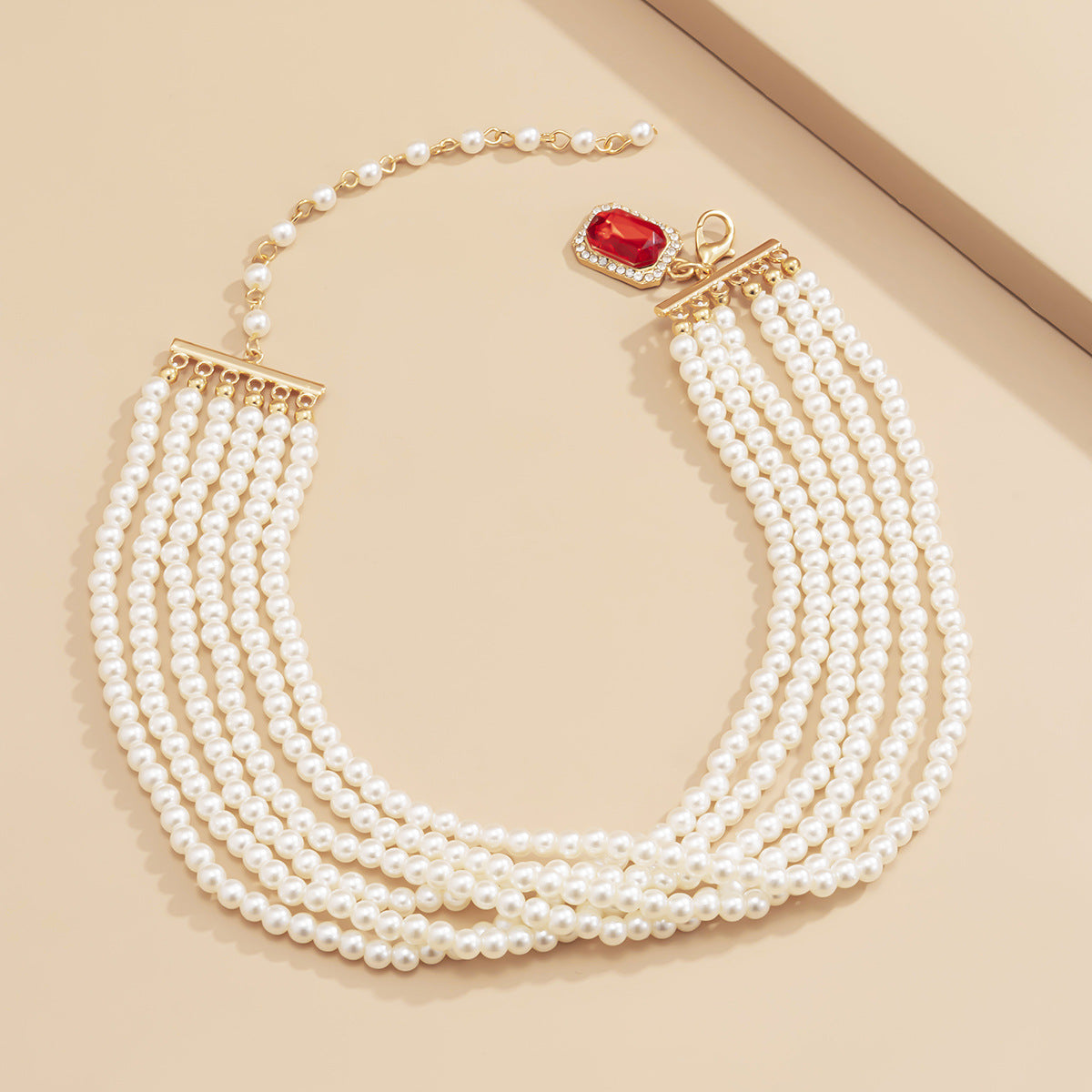 Exaggerated Imitation Pearl Multilayer Necklace With Ruby Sapphire