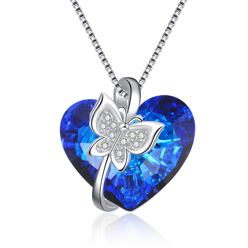 Fashion Blue Crystal Butterfly Heart Pendant Pendant