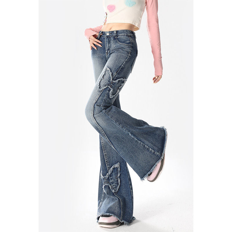 American Retro Butterfly Embroidery Slightly Flared Jeans Women