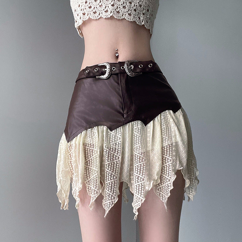 One-piece Leather Stitching Irregular Lace Skirt