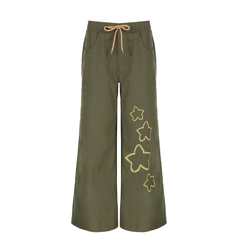 Fashion Pentagram Loose Drawstring Straight-leg Pants Retro Army Green Dance Casual Pants