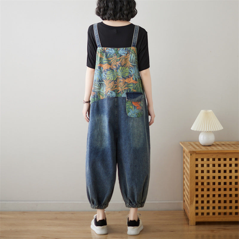 Loose Plus Size Stitching Printing Jeans Suspender Pants