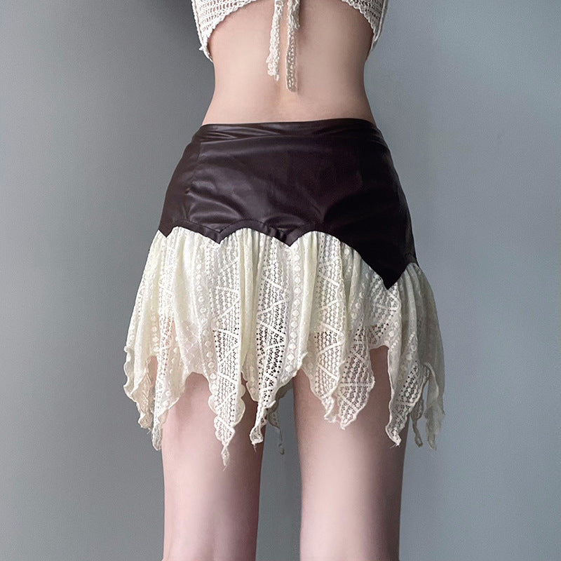 One-piece Leather Stitching Irregular Lace Skirt