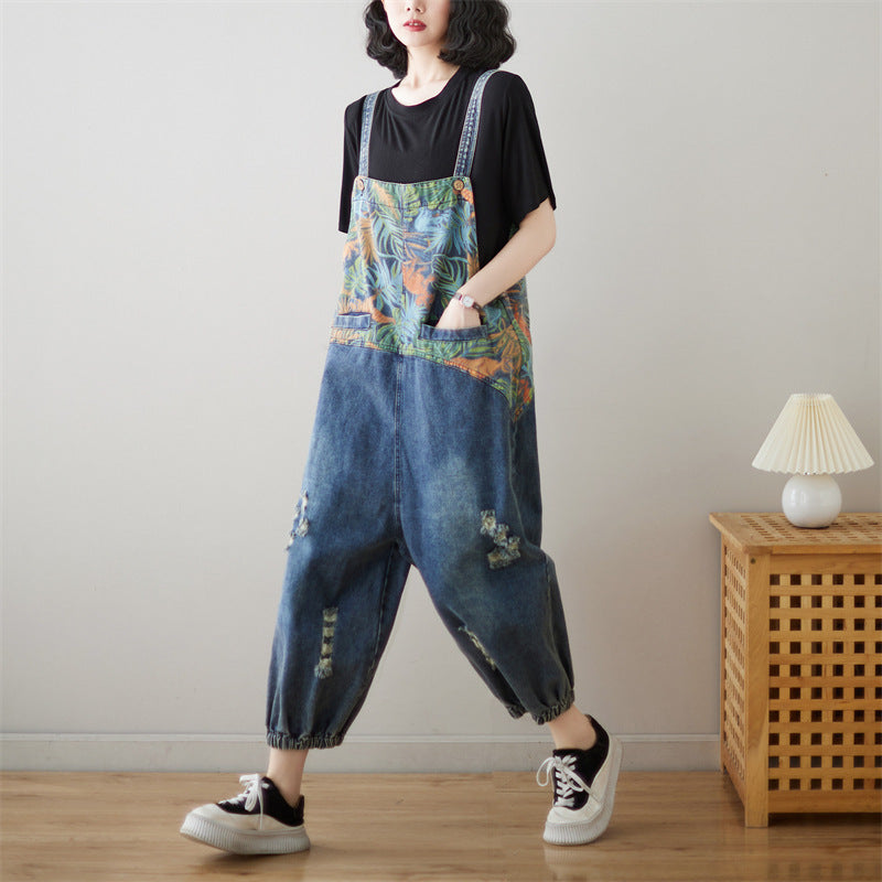 Loose Plus Size Stitching Printing Jeans Suspender Pants