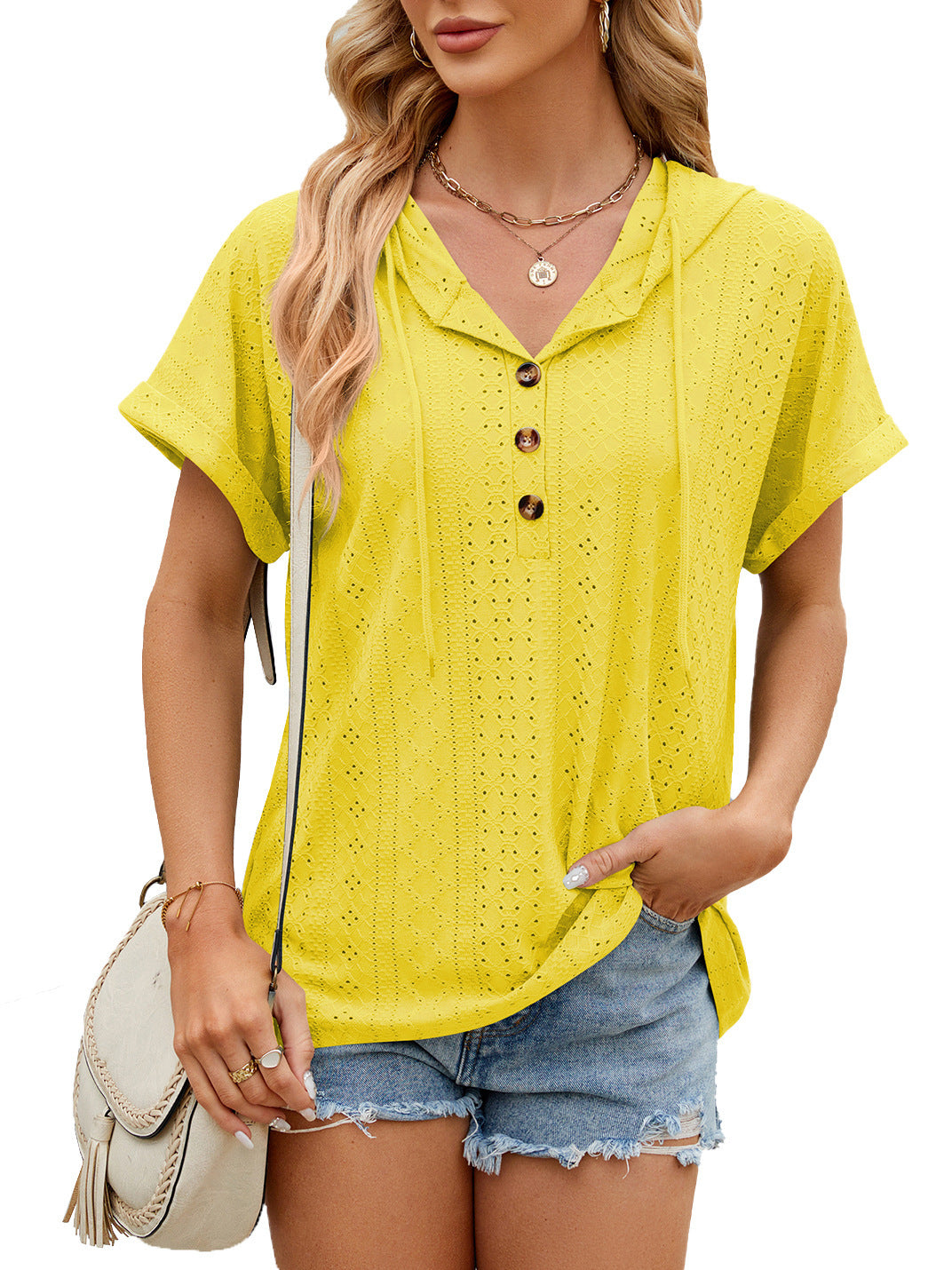 New Solid Color Hooded Button T-shirt Loose Hollow Design Short-sleeved Top For Womens Clothing