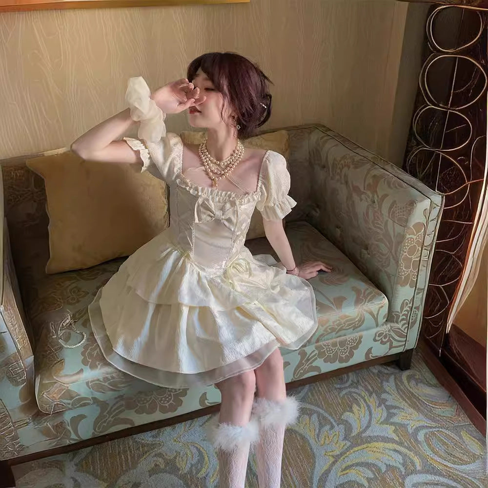 Female French Gentle Sweet Bow Retro Square Collar Dress