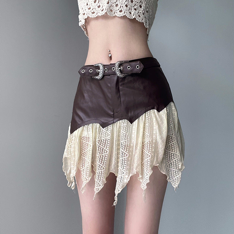 One-piece Leather Stitching Irregular Lace Skirt