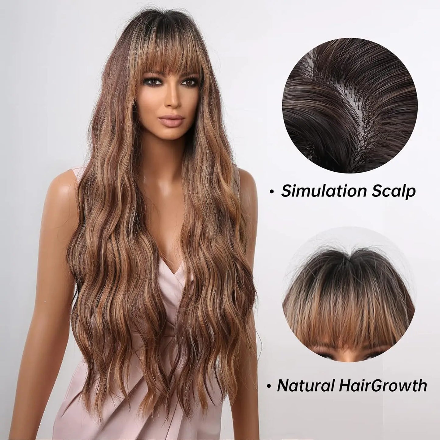 WIG
- Brown Highlight Synthetic  with Bangs for  Women Long Ombre Honey Brown Wave Wig Heat Resistant Hair Natural