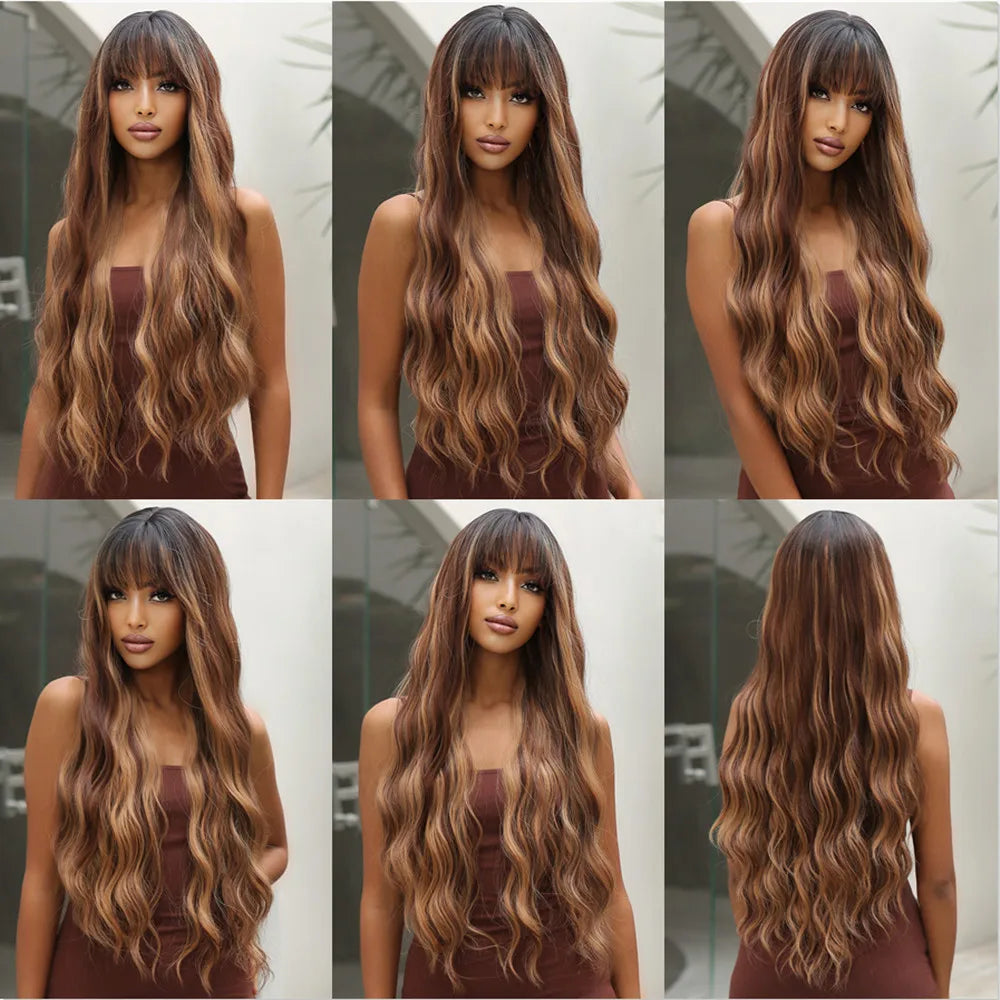 WIG
- Brown Highlight Synthetic  with Bangs for  Women Long Ombre Honey Brown Wave Wig Heat Resistant Hair Natural