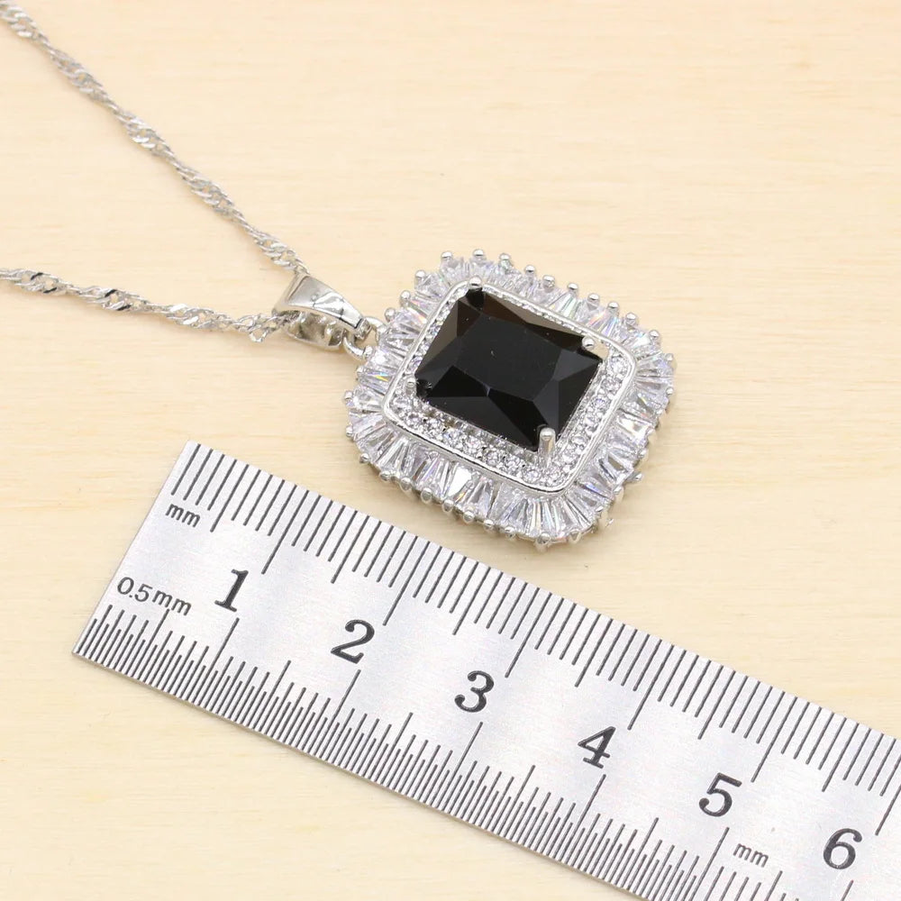 New Black Stones Cubic Zirconia Silver Jewelry Sets For Women Earring Pendant Necklace Ring Bracelet Big Square