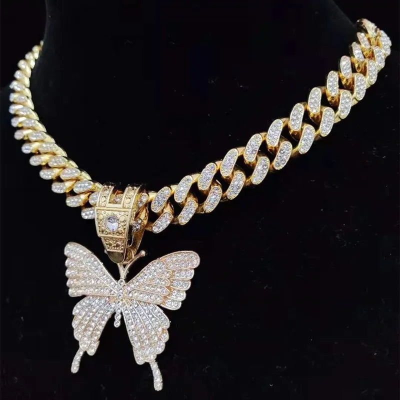 Men Women Hip Hop Iced Out Bling butterfly Pendant Necklace with 13mm Miami Cuban Chain HipHop Necklaces Fashion Charm Jewelry