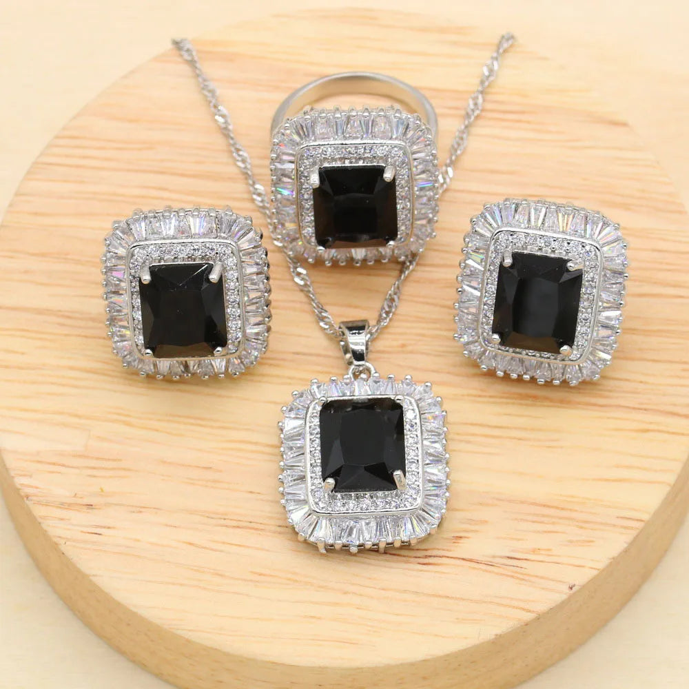 New Black Stones Cubic Zirconia Silver Jewelry Sets For Women Earring Pendant Necklace Ring Bracelet Big Square