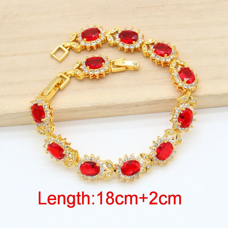 Red Stones Gold Color Bridal Jewelry Set for Women Bracelet Stud Earrings Necklace Pendant Ring Green Birthday Gift