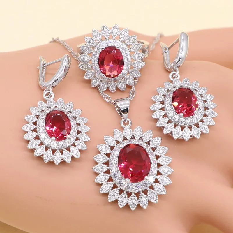 Jewelry Sets For Women Red Semi-precious Necklace Pendant Earring Ring Bracelet Wedding Jewelry Birthday Gift